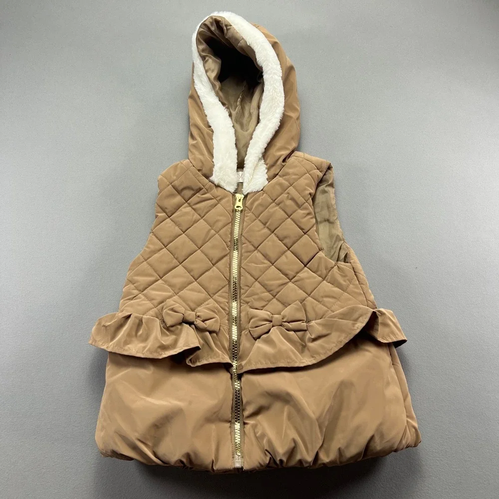 Nannette Puffer Vest Girls 6 Brown Lined Quilted Hooded Bow Insulated Full Zip